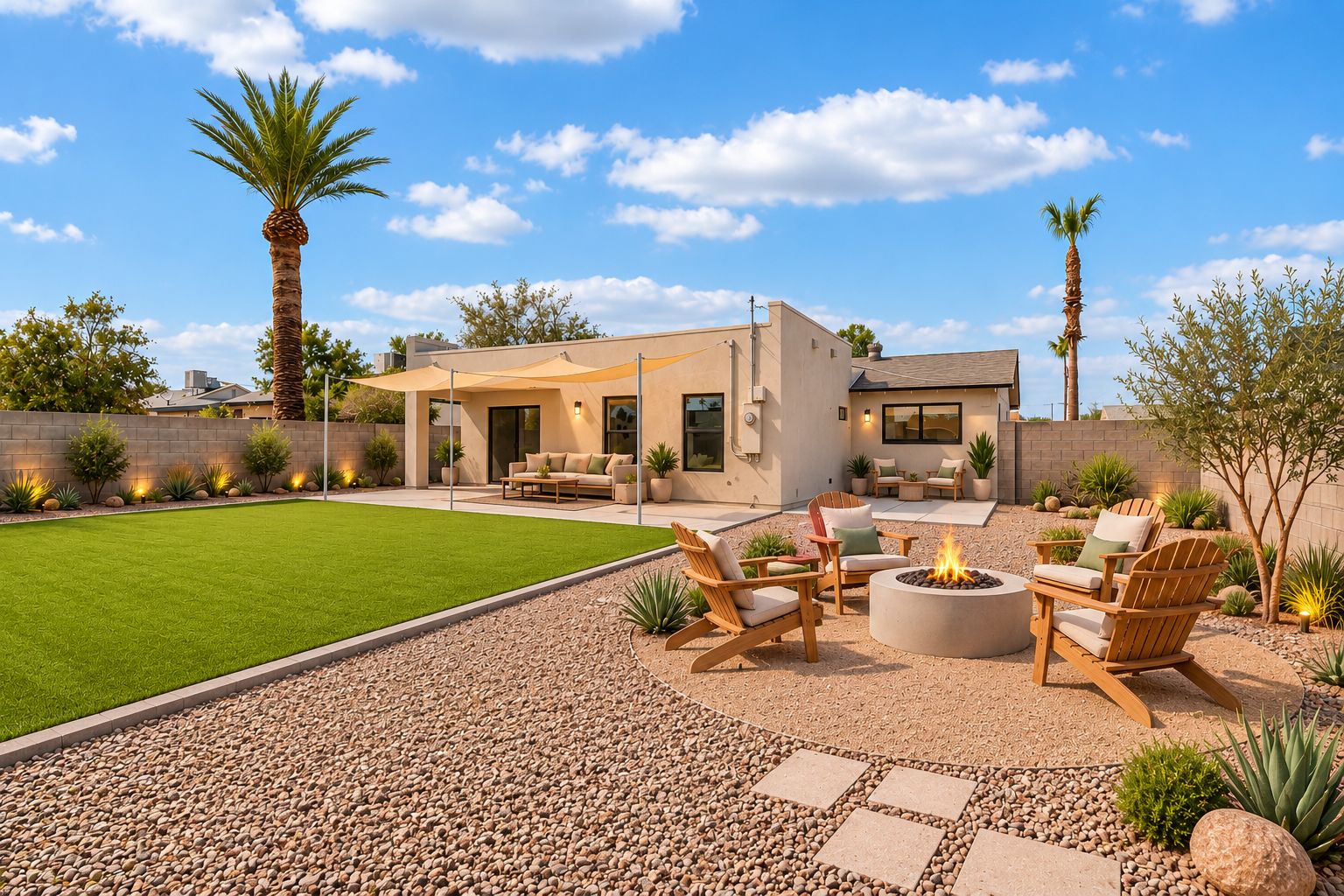 A modern outdoor patio with a fire pit, seating area, and a well-maintained lawn.