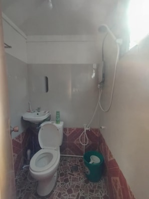 A bathroom with a toilet, sink, and shower. - GUMOBAO STAYCATION HOUSE (Baganga)