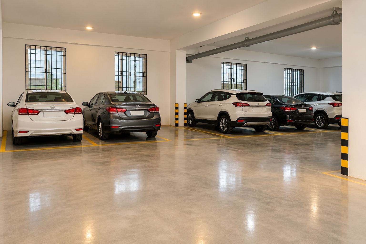 A parking garage with multiple cars parked in rows, large windows, and a clean, polished floor.