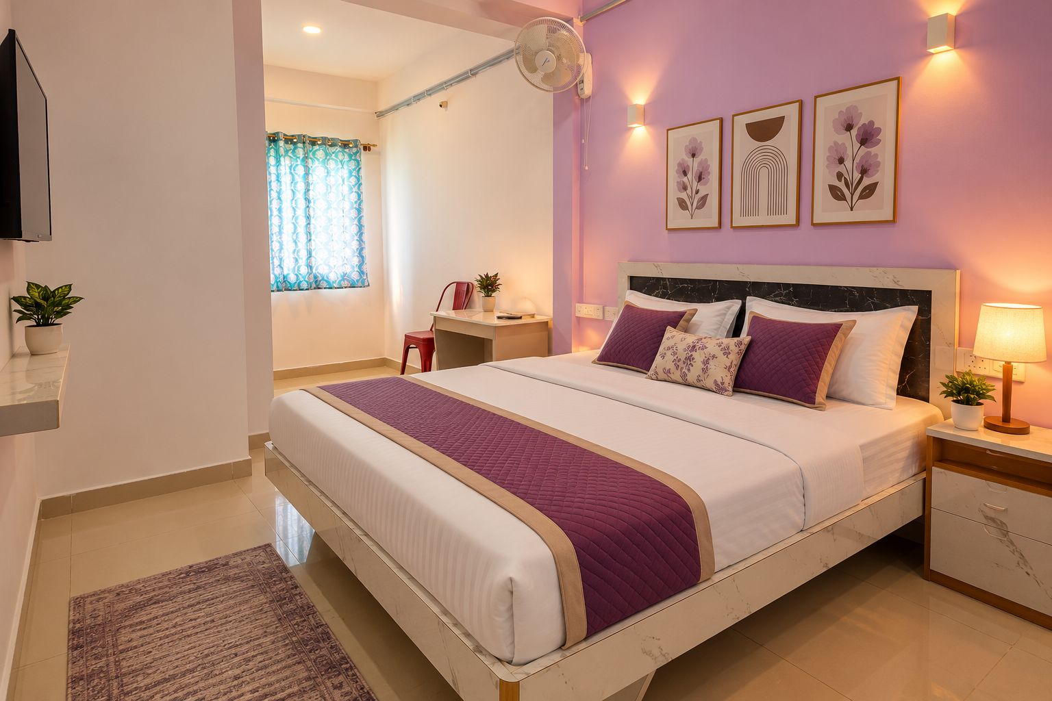 A modern bedroom with a bed, bedside tables, a desk, and a window with curtains.