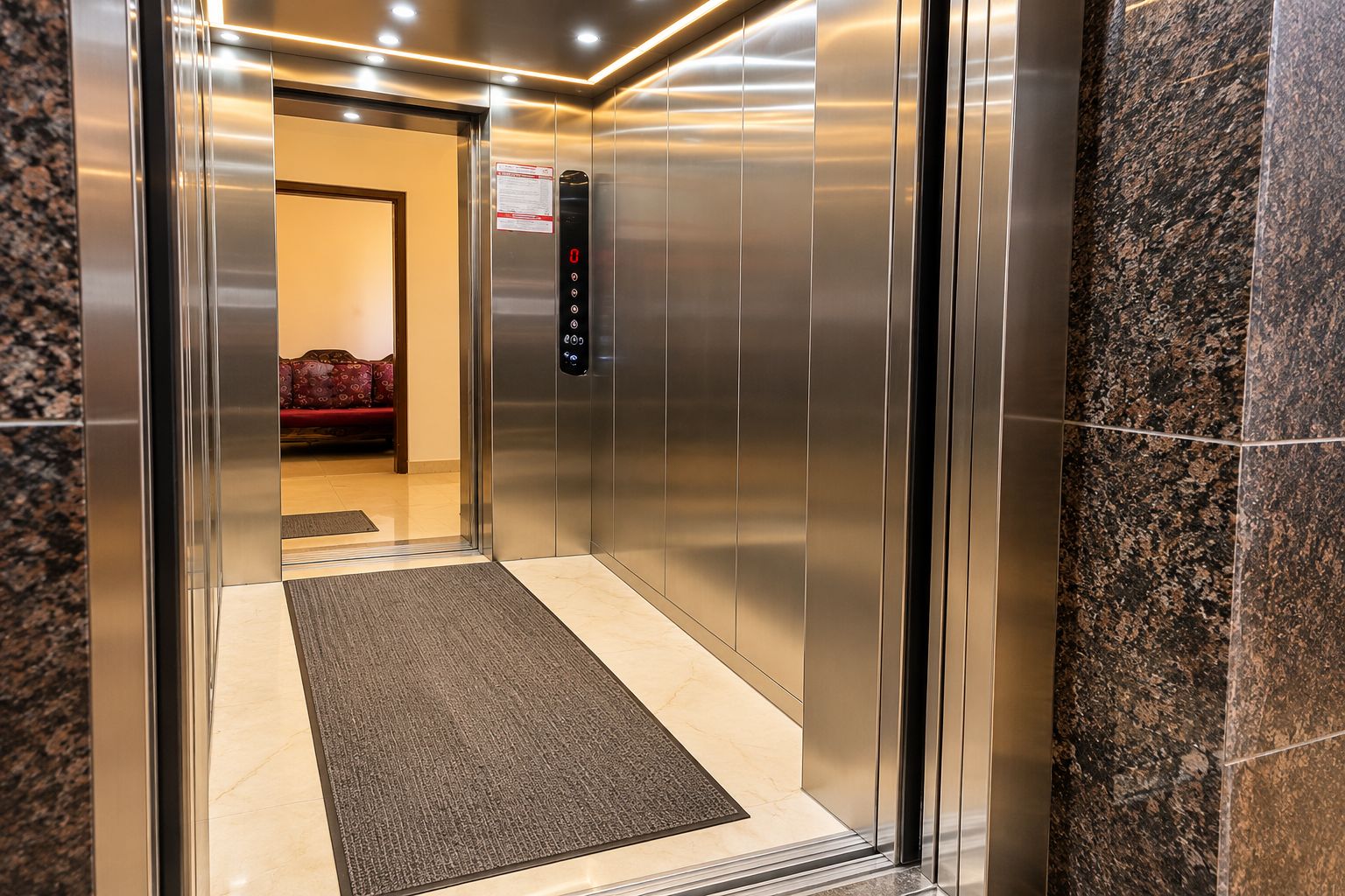 Elevatorinteriør med kontrolpanel, tæppedej og dør til et rum med en rød sofa.
