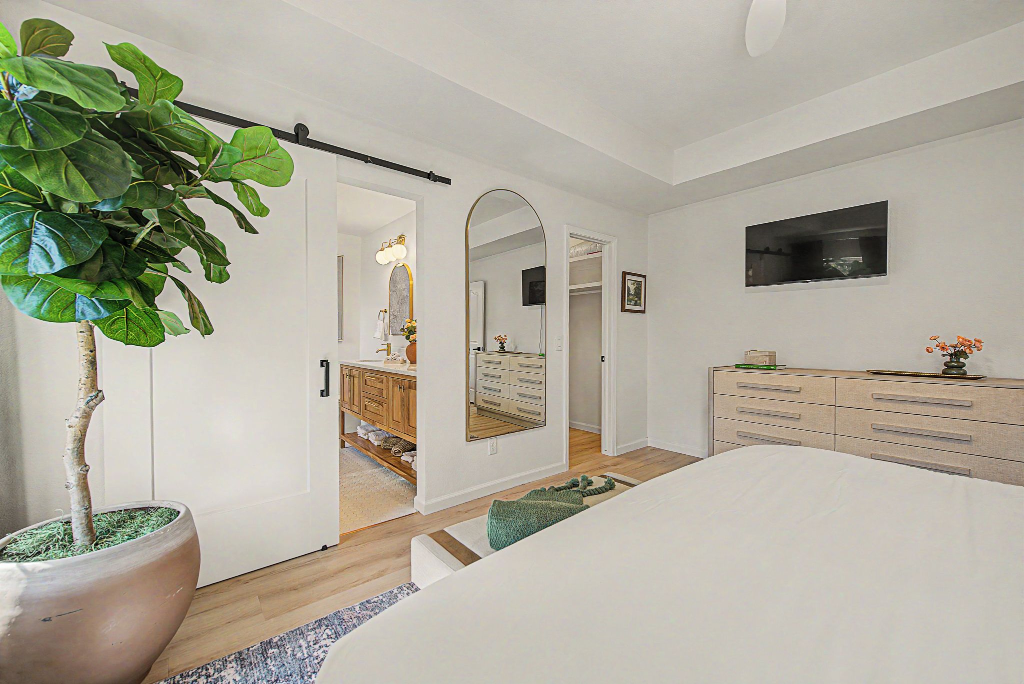 A bedroom with a bed, a dresser, a mirror, and a potted plant.