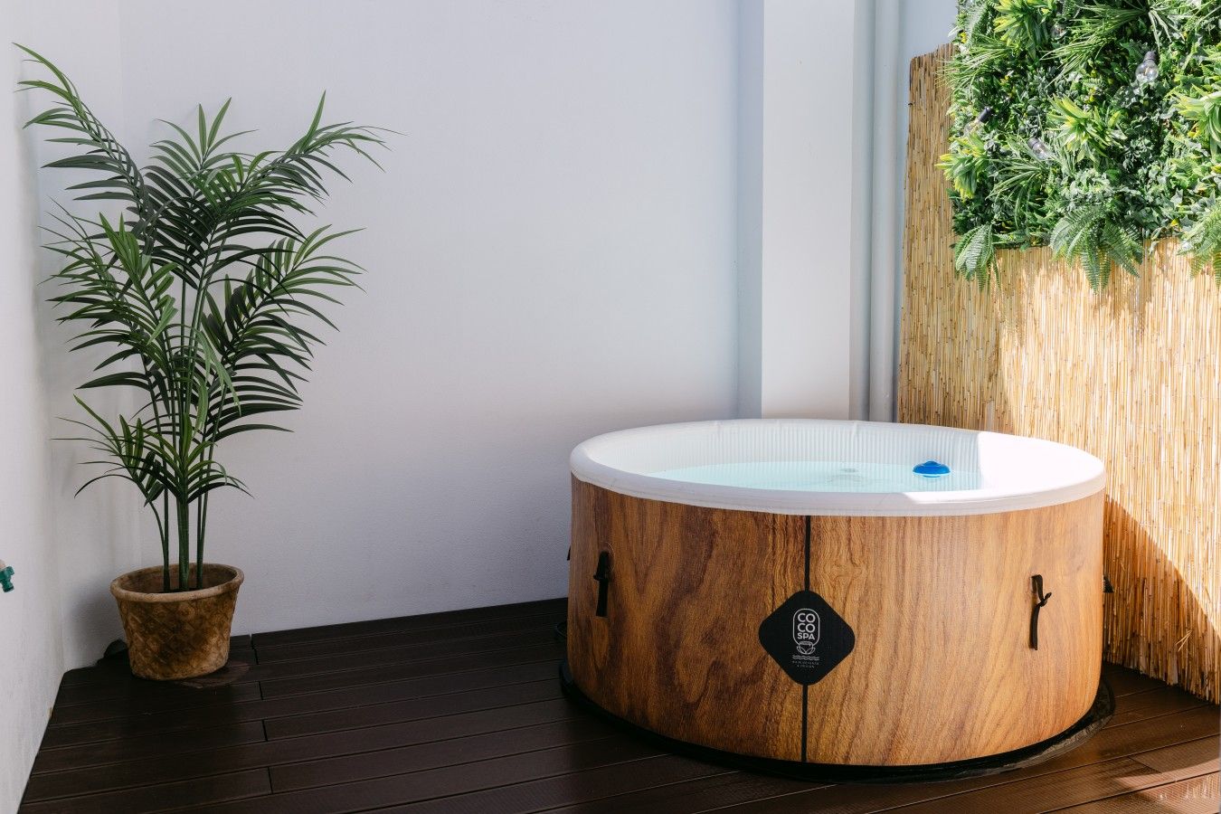 Banyera d'hidromassatge en un spa amb exterior de fusta, una planta en test i un mur vertical amb jardí.