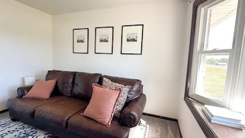 Eine braune Ledersofa mit zwei Kissen, einem gemusterten Teppich und drei gerahmten Bildern an der Wand.