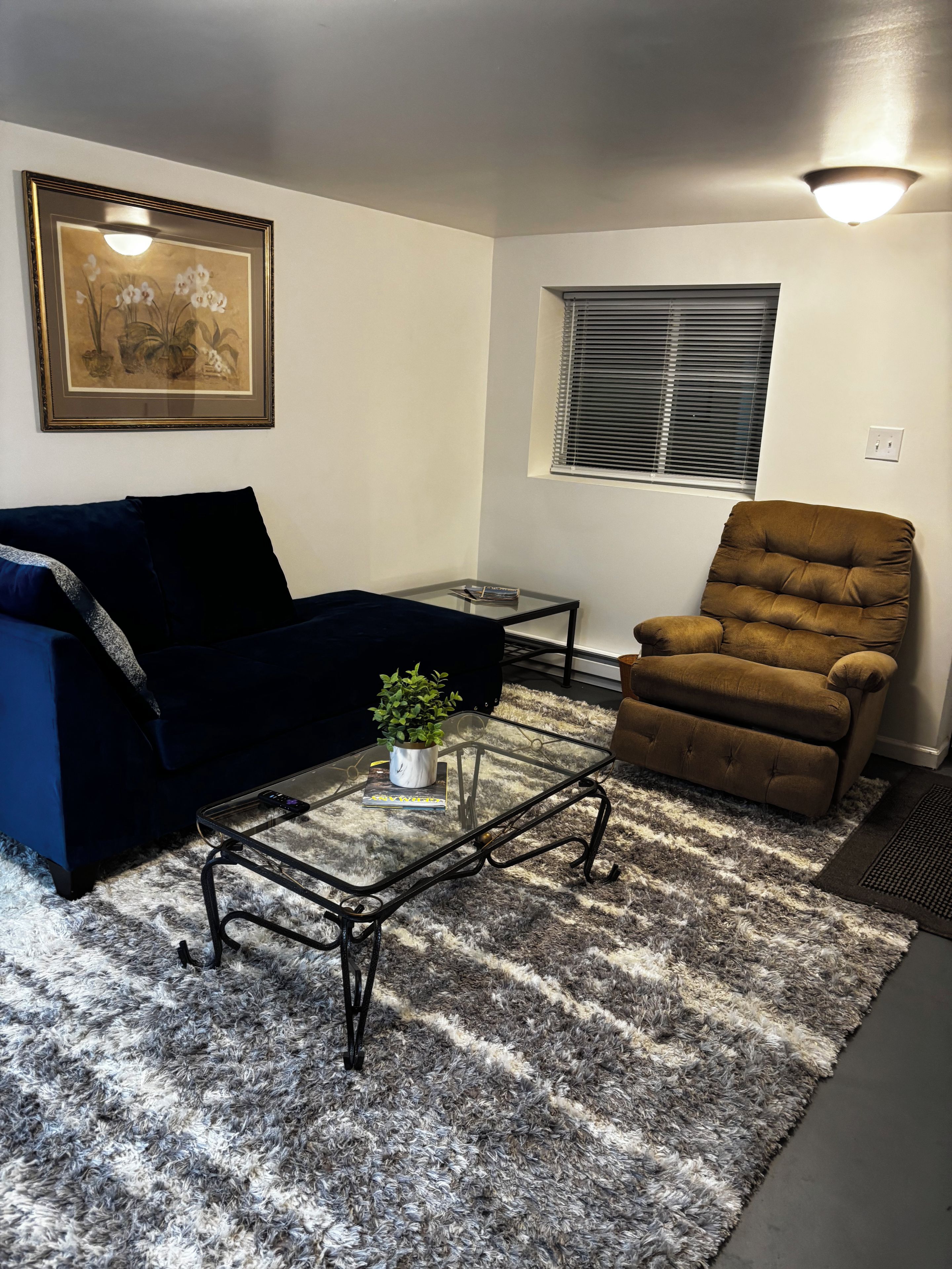 Un salon avec un canapé bleu, un fauteuil marron, une table basse en verre ornée d’une plante, un tableau encadré au mur et une fenêtre avec des stores.