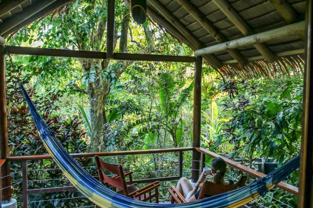 A hammock with two chairs on a wooden deck, surrounded by lush greenery.