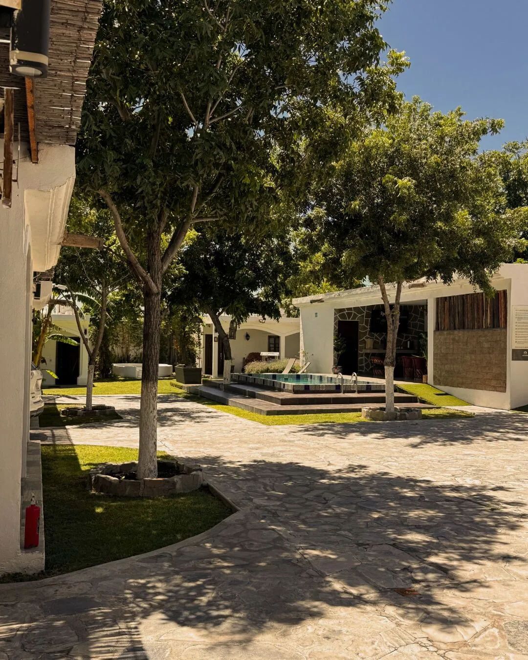 A courtyard with a swimming pool, trees, and a building with a stone facade.