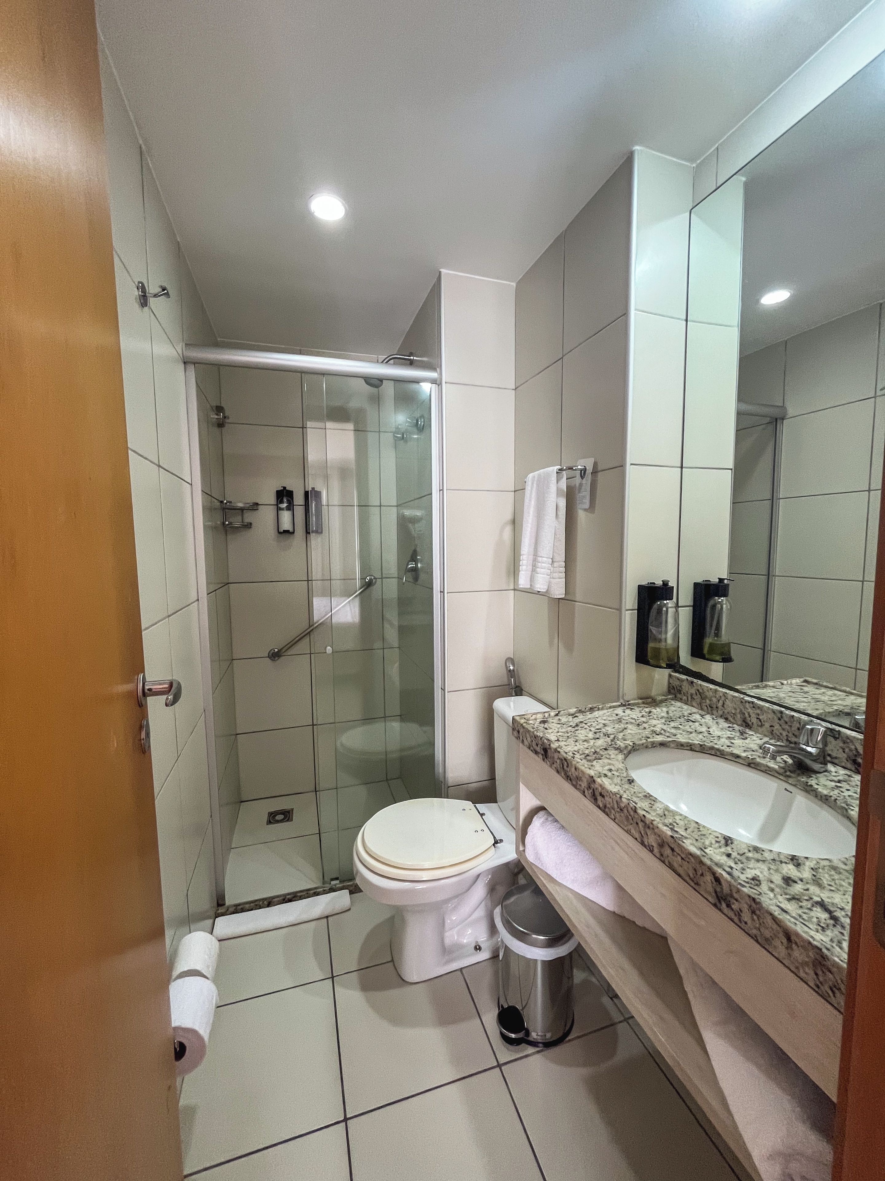 A modern bathroom with a glass-enclosed shower, a toilet, a sink with a granite countertop, and a large mirror.