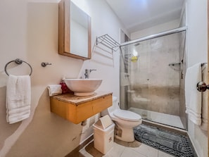 Un bany amb plat de dutxa de vidre, un lavabo amb mirall i un vàter.