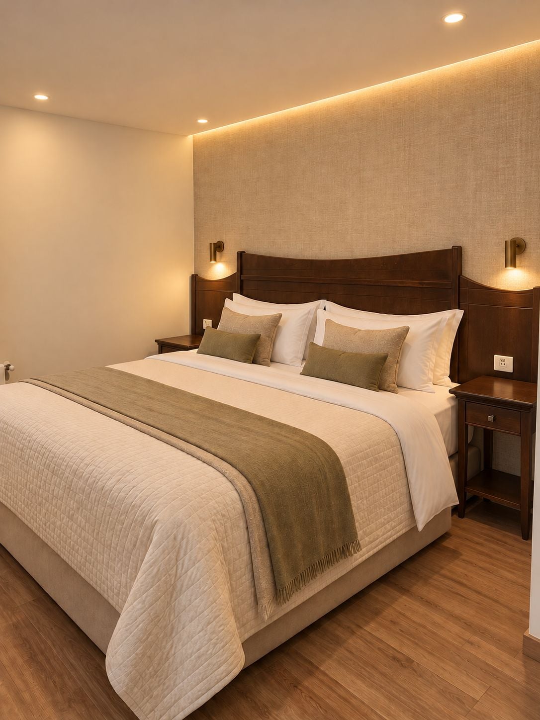 A hotel room with a large bed, wooden headboard, two bedside tables, and wall-mounted lighting.