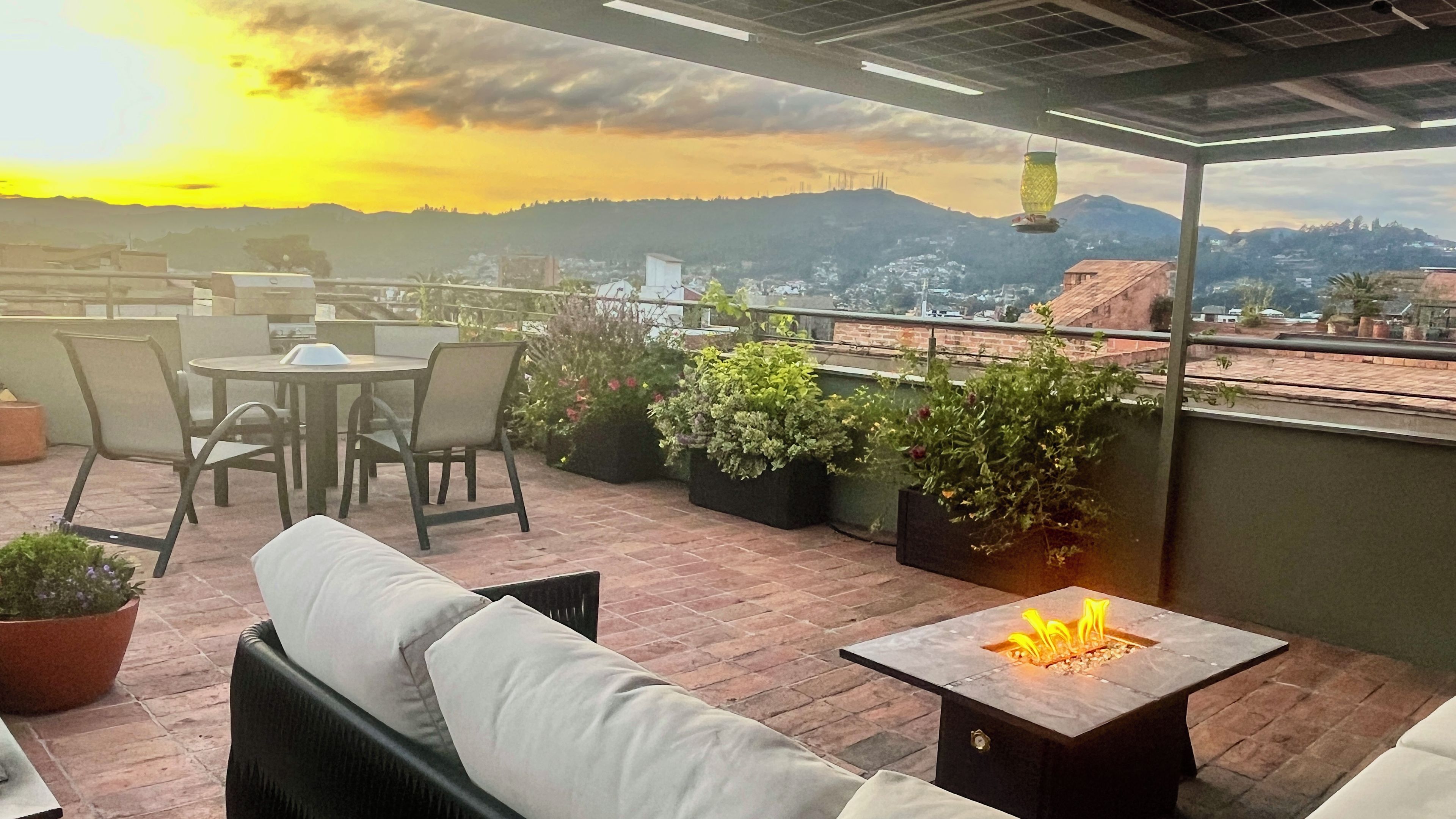 Une terrasse sur le toit aménagée avec un canapé, des chaises, une table et des plantes en pot.