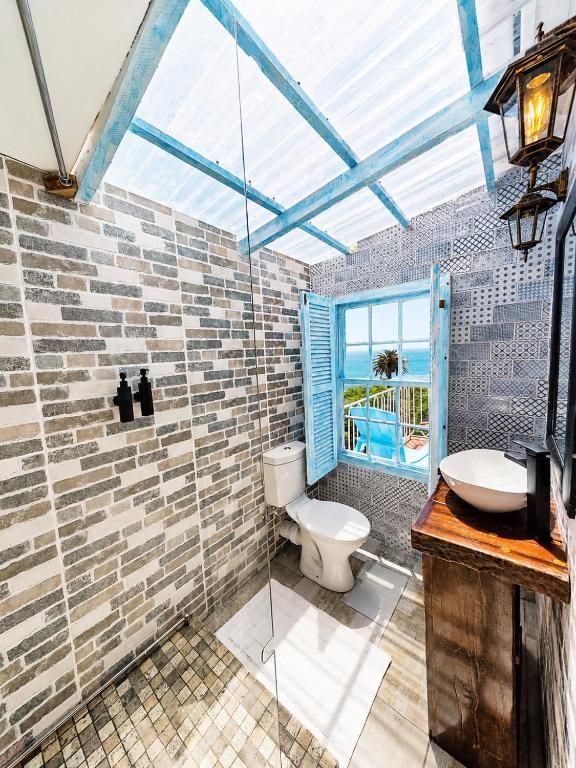A bathroom with a skylight, a toilet, a sink, and a view of the outdoors.