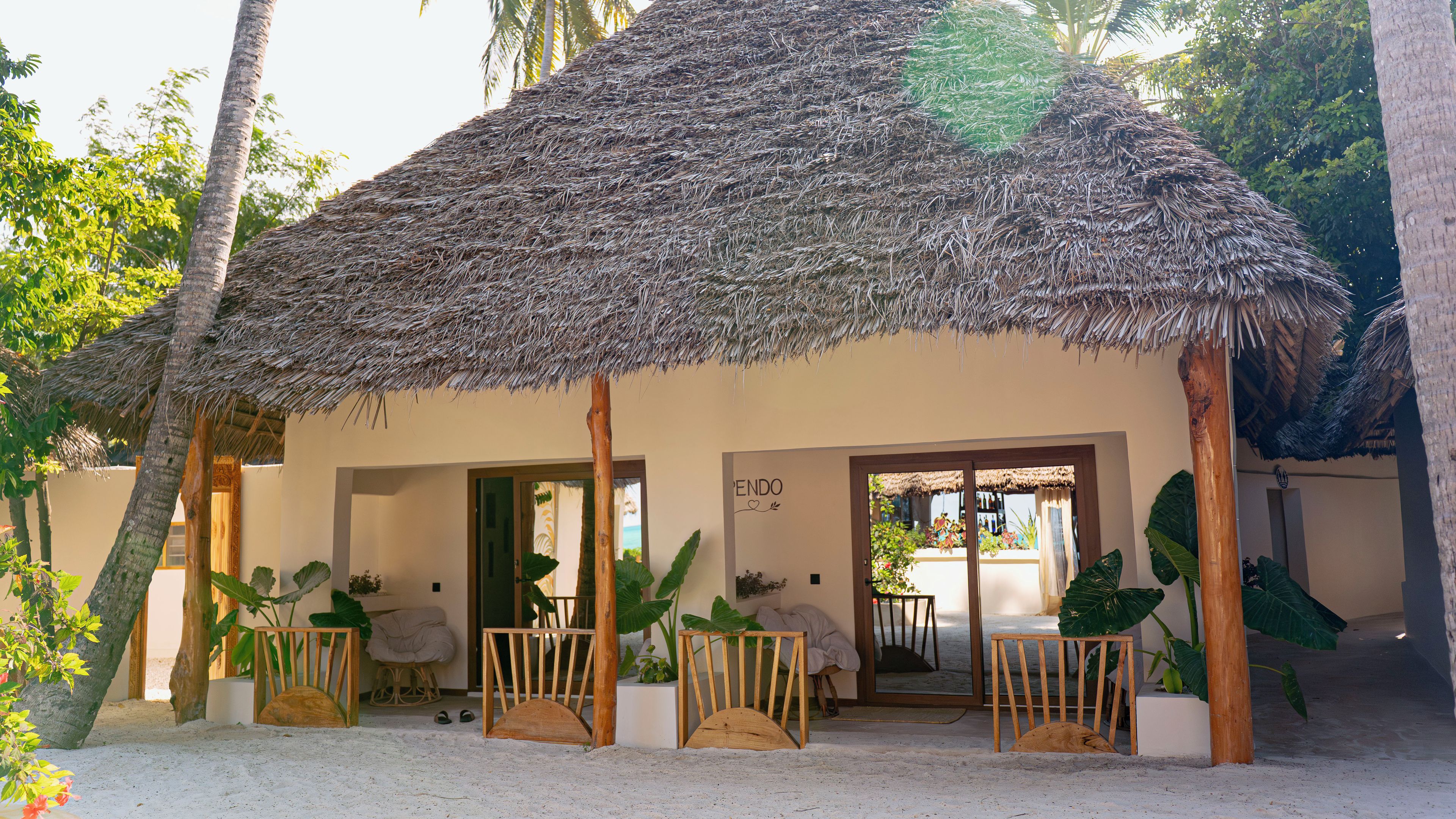 Una cabaña en la playa con techo de paja, sillas de madera y una planta grande al frente.