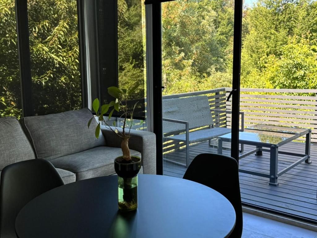 Un interior moderno con un sofá, una mesa y una planta en maceta.