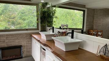 Cocina moderna con dos fregaderos, una ventana con vistas a la vegetación y una planta integrada.
