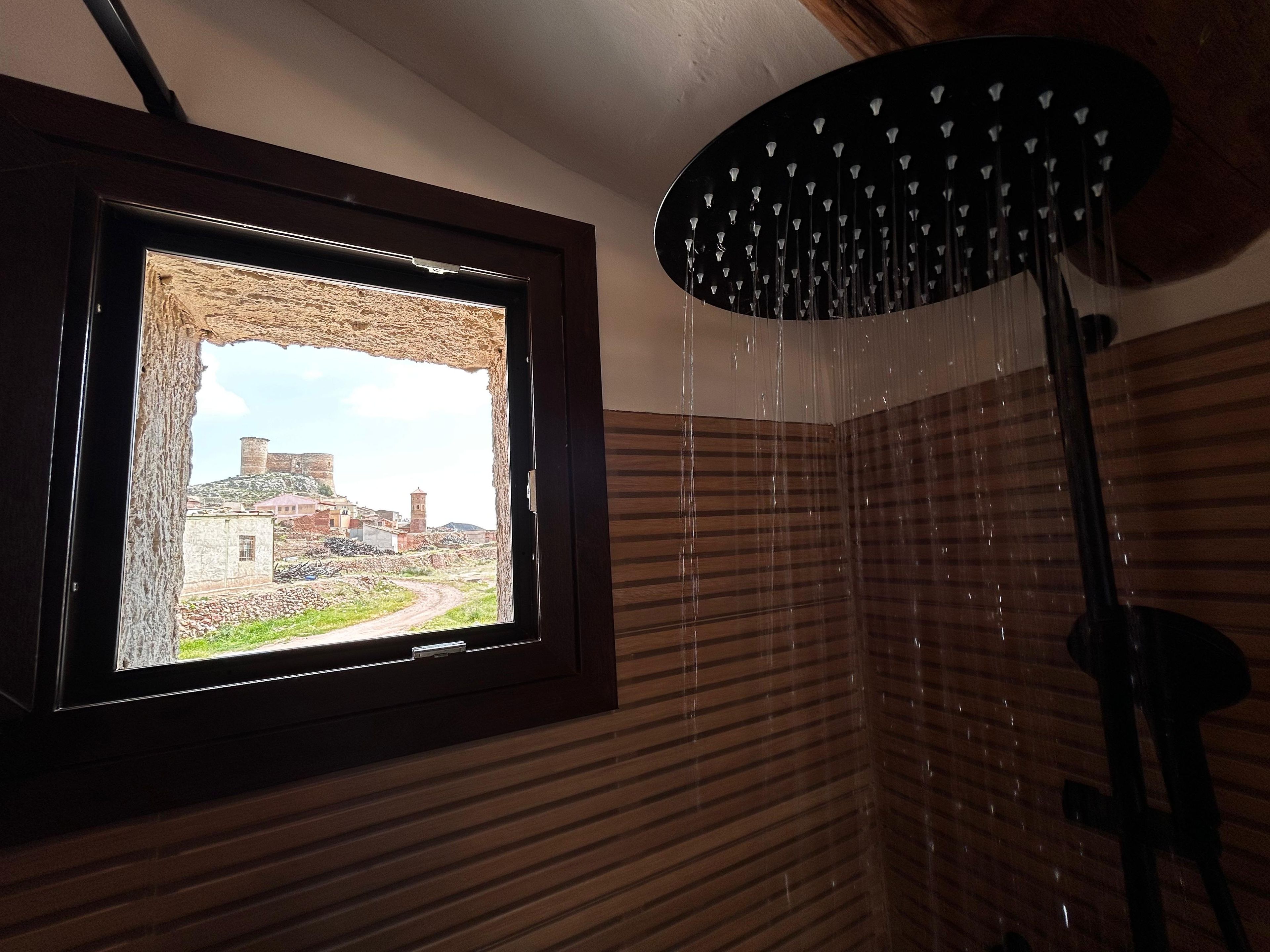 Una ducha con sistema de agua tipo lluvia, una ventana con vista a un edificio histórico y paneles de madera en las paredes.