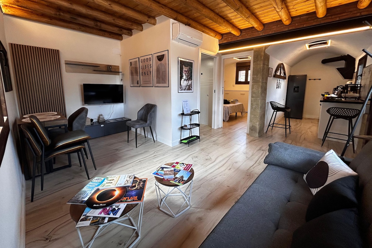 Een moderne woonkamer met een houten plafond, een bank, een bijzettafeltje en een televisie.