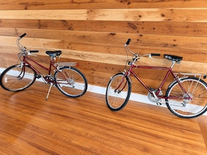 Two bicycles parked indoors against a wooden wall.