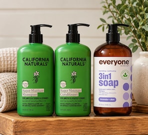 Three bottles of California Naturals products and one bottle of Everyone 3in1 Soap.