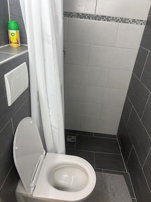 A bathroom with a toilet, a shower curtain, and a bottle of toilet paper on a shelf. - New Listing (Bussigny)