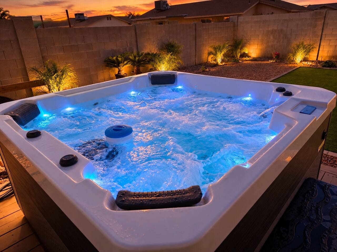 Un jacuzzi con función de masaje incorporada, rodeado de un jardín ajardinado con palmeras y un muro de ladrillo al fondo.