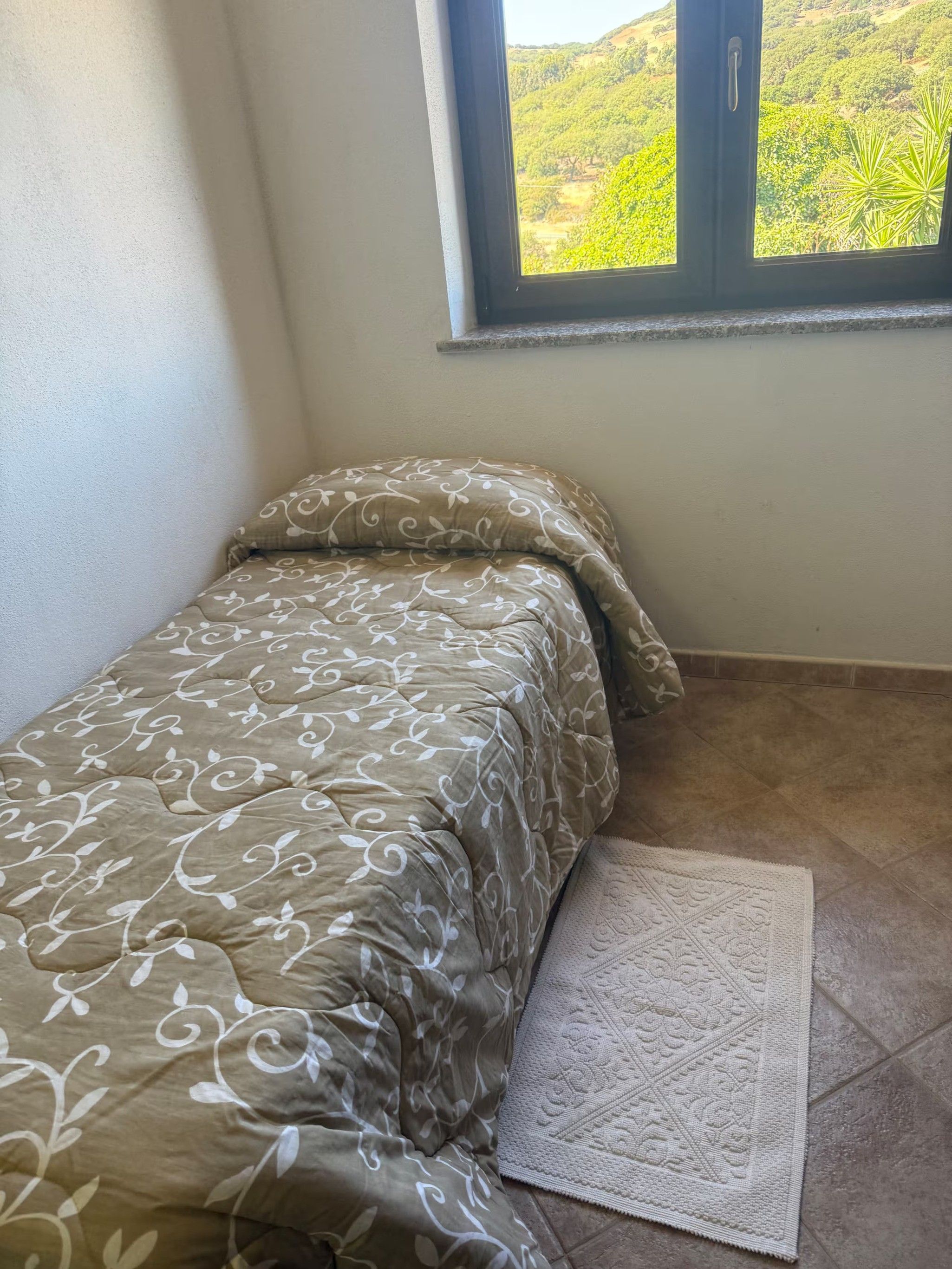 Una cama individual con una colcha estampada, una pared lisa, una ventana con vistas a zonas verdes y una alfombra pequeña en el suelo.