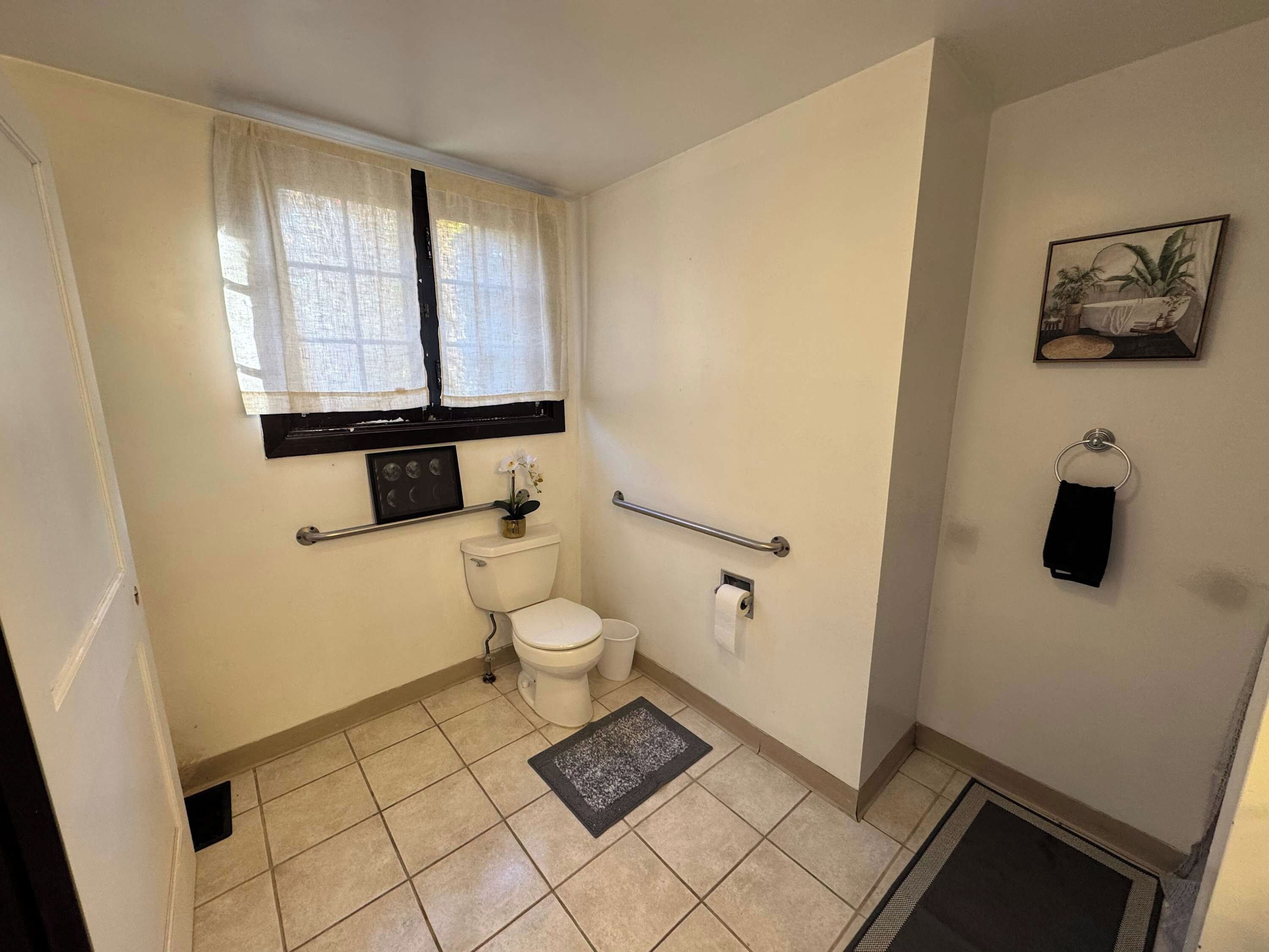 Un baño pequeño con inodoro, una ventana con cortina, un perchero y una pequeña planta en maceta.