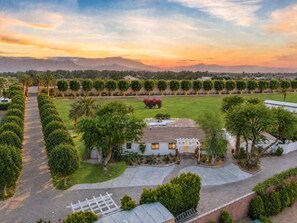 A residential property with a paved driveway, a white house with a porch, and a well-maintained lawn. - 19 Bds+Volleyball+Pickleball+Sauna+Cold Pl+Events (Indio)