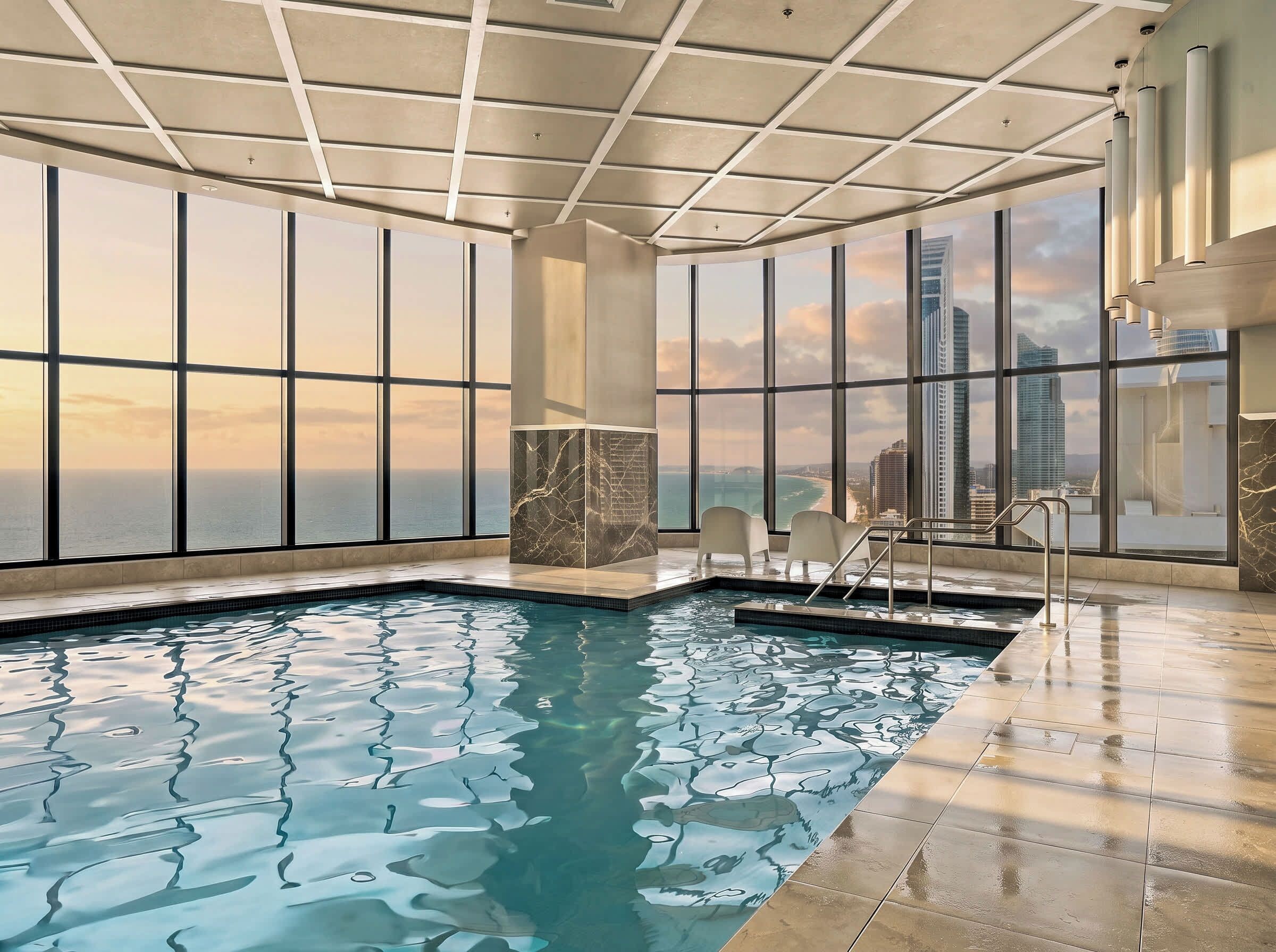 Une piscine intérieure avec vue sur la ville, de grandes fenêtres et un design moderne au niveau du plafond.