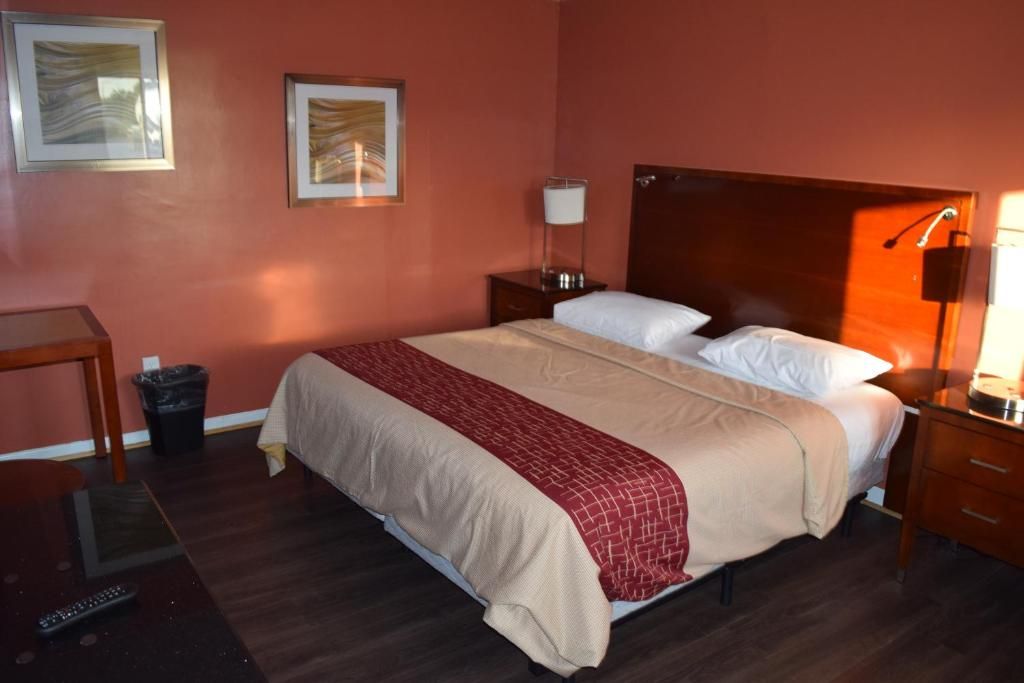 A hotel room with a bed, bedside table, lamp, and artwork on the wall.