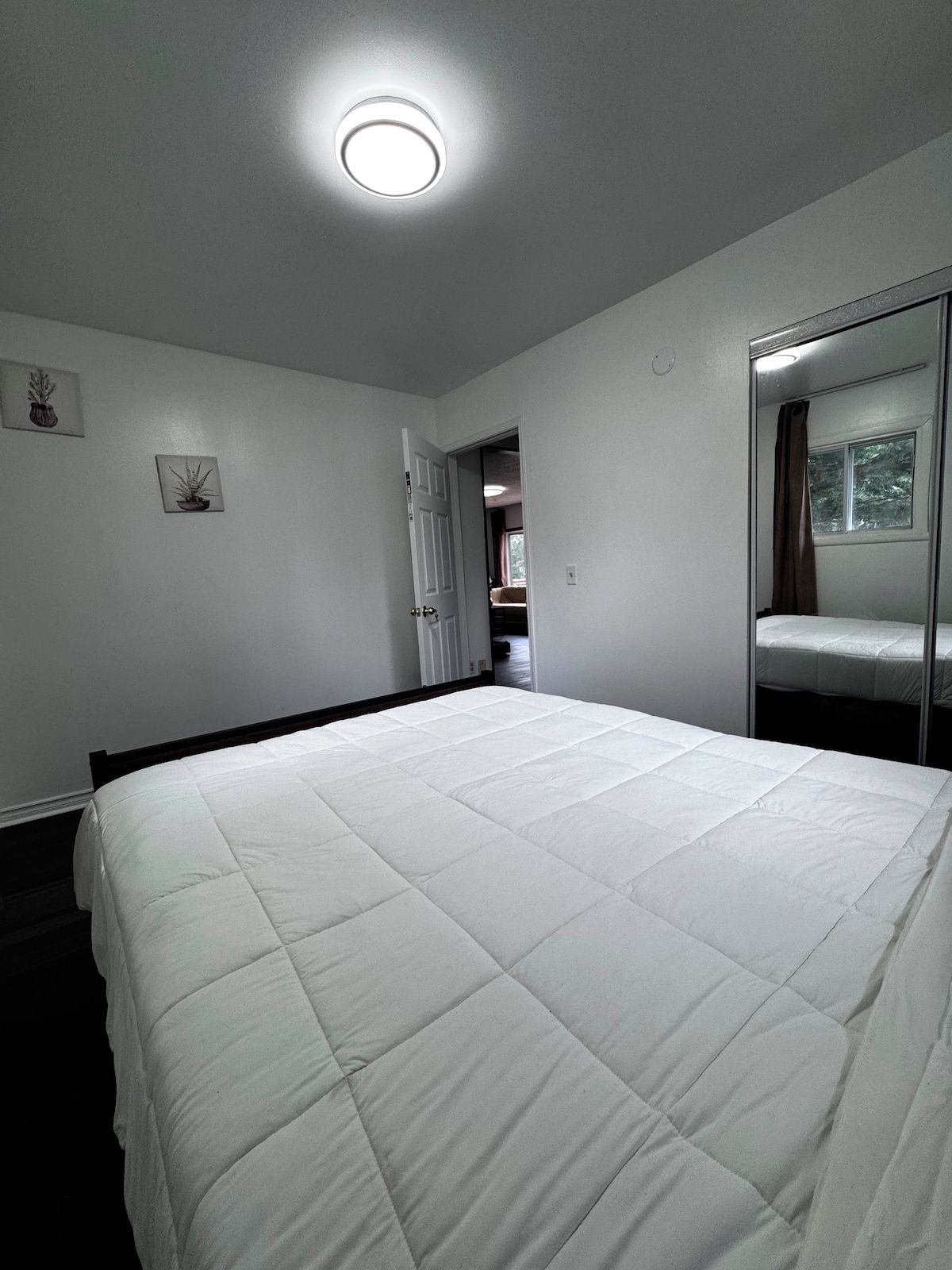 A bedroom with a bed, a door leading to another room, and a mirror on the wall.