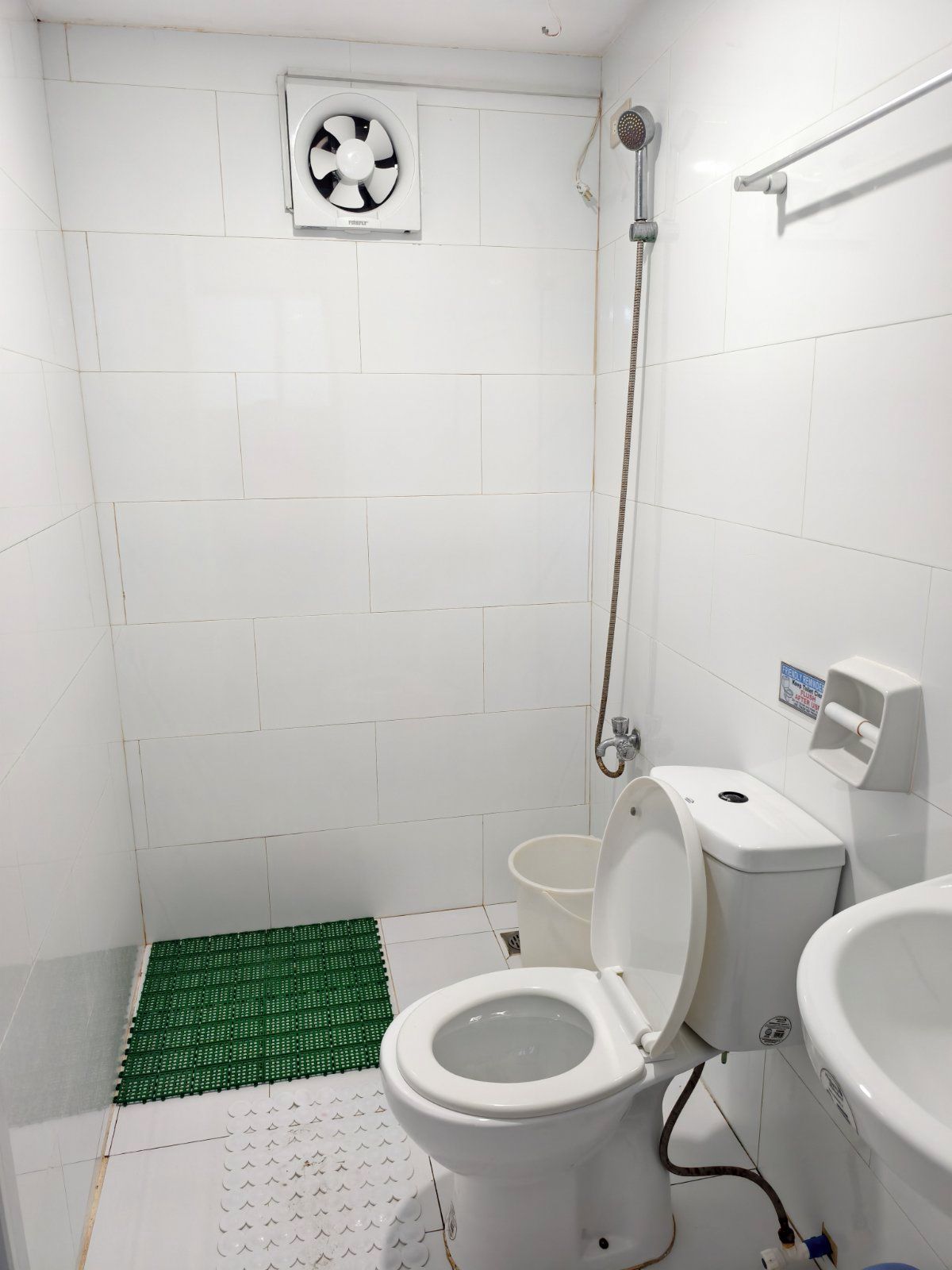 Un baño pequeño con paredes blancas, que incluye inodoro, bidé y ducha.