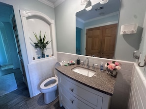 Een badkamer met een wit toilet, een wastafel met een granieten aanrechtblad en een spiegel boven de wastafel.