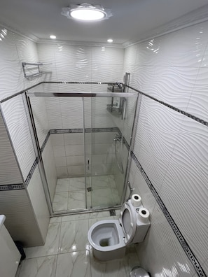 A bathroom with a glass-enclosed shower, a toilet, and a sink. - New Listing (Tanger)