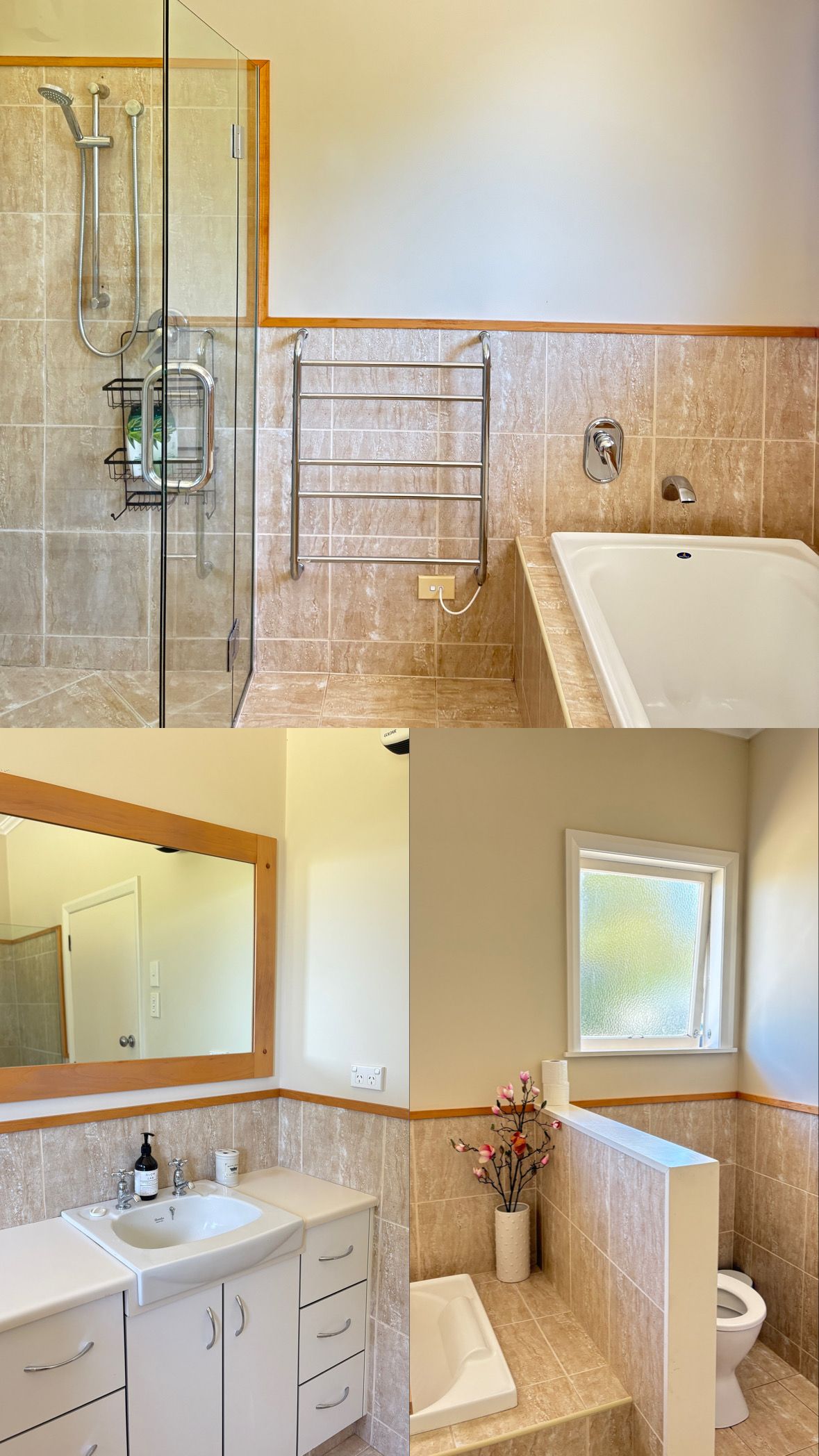 A bathroom with a shower, a bathtub, a sink, and a toilet.