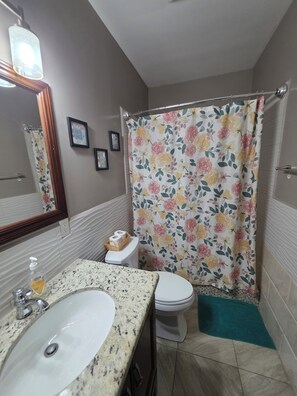 Ein Badezimmer mit Waschbecken, Toilette und Duschvorhang.