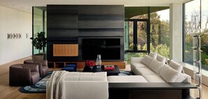 Een moderne woonkamer met een grote flatscreen televisie, een open haard en een bank.