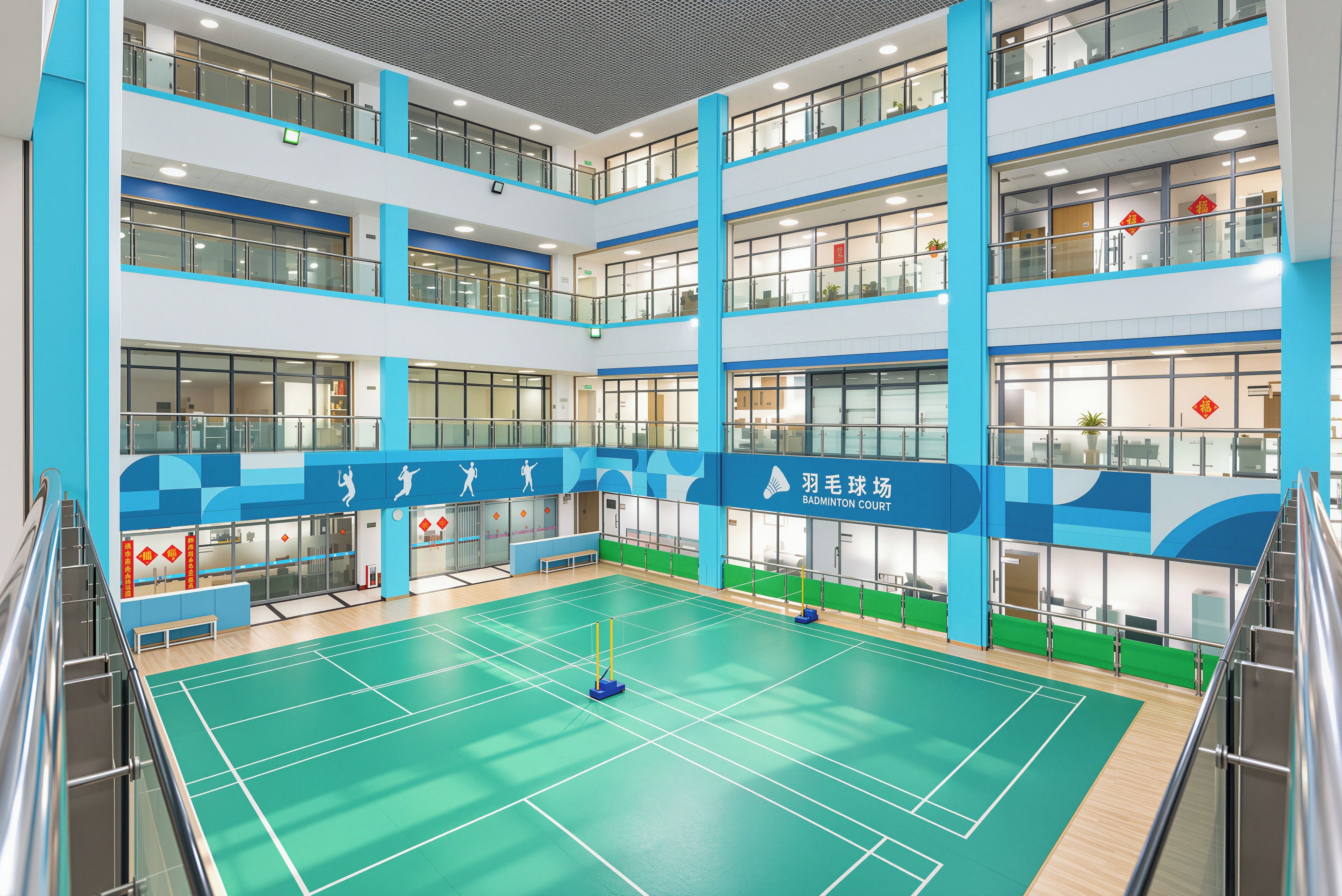 Una palestra al coperto per badminton su più livelli, con ringhiere in vetro e una combinazione di colori blu e bianco.