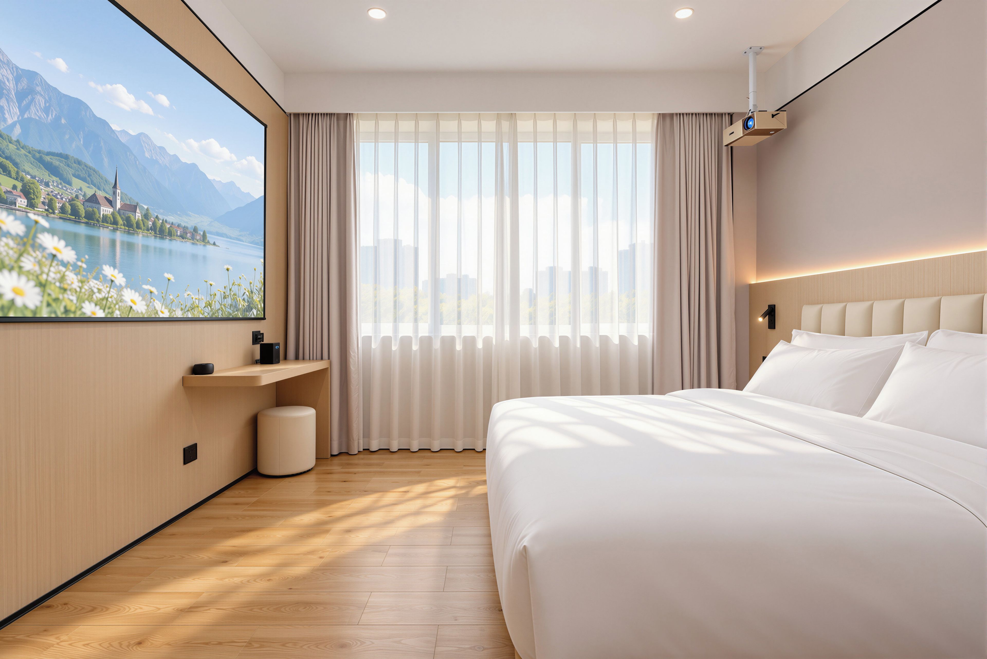A modern hotel room with a large bed, a bedside table, a flat-screen TV, and a view of mountains and a lake.