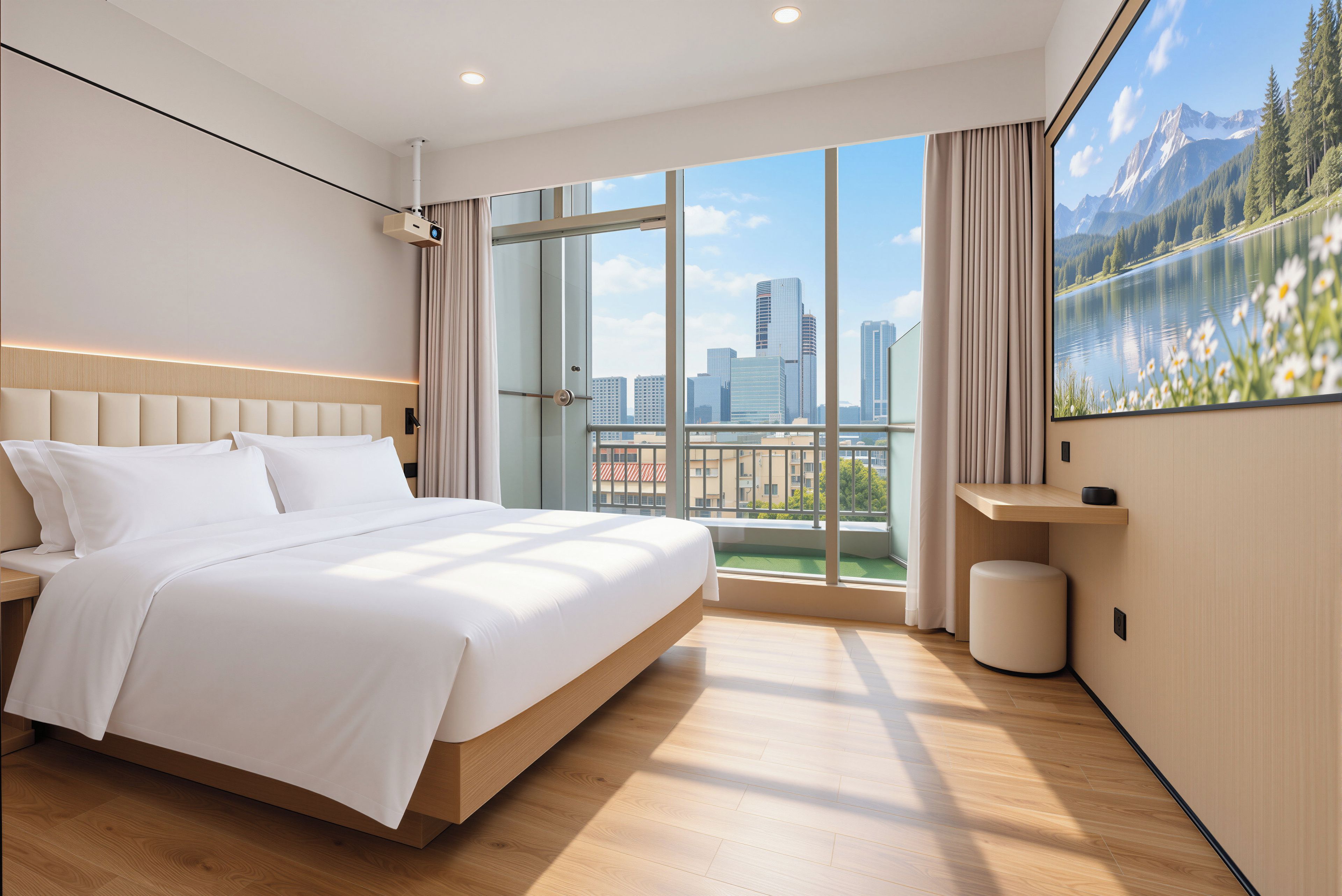 A modern hotel room with a large bed, a view of the cityscape, and a painting of a mountain lake.