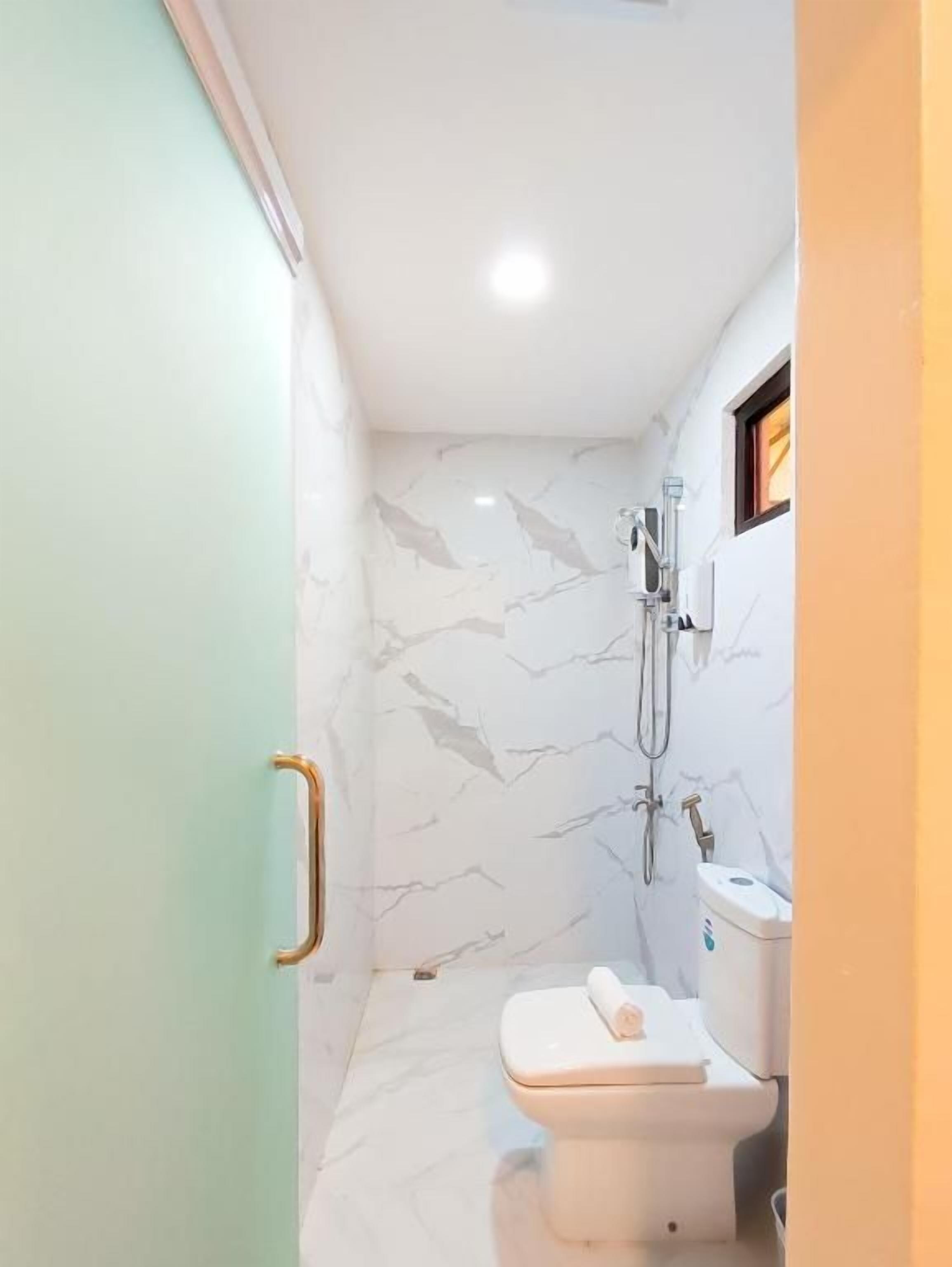 A bathroom with a toilet, a shower, and a marble wall.