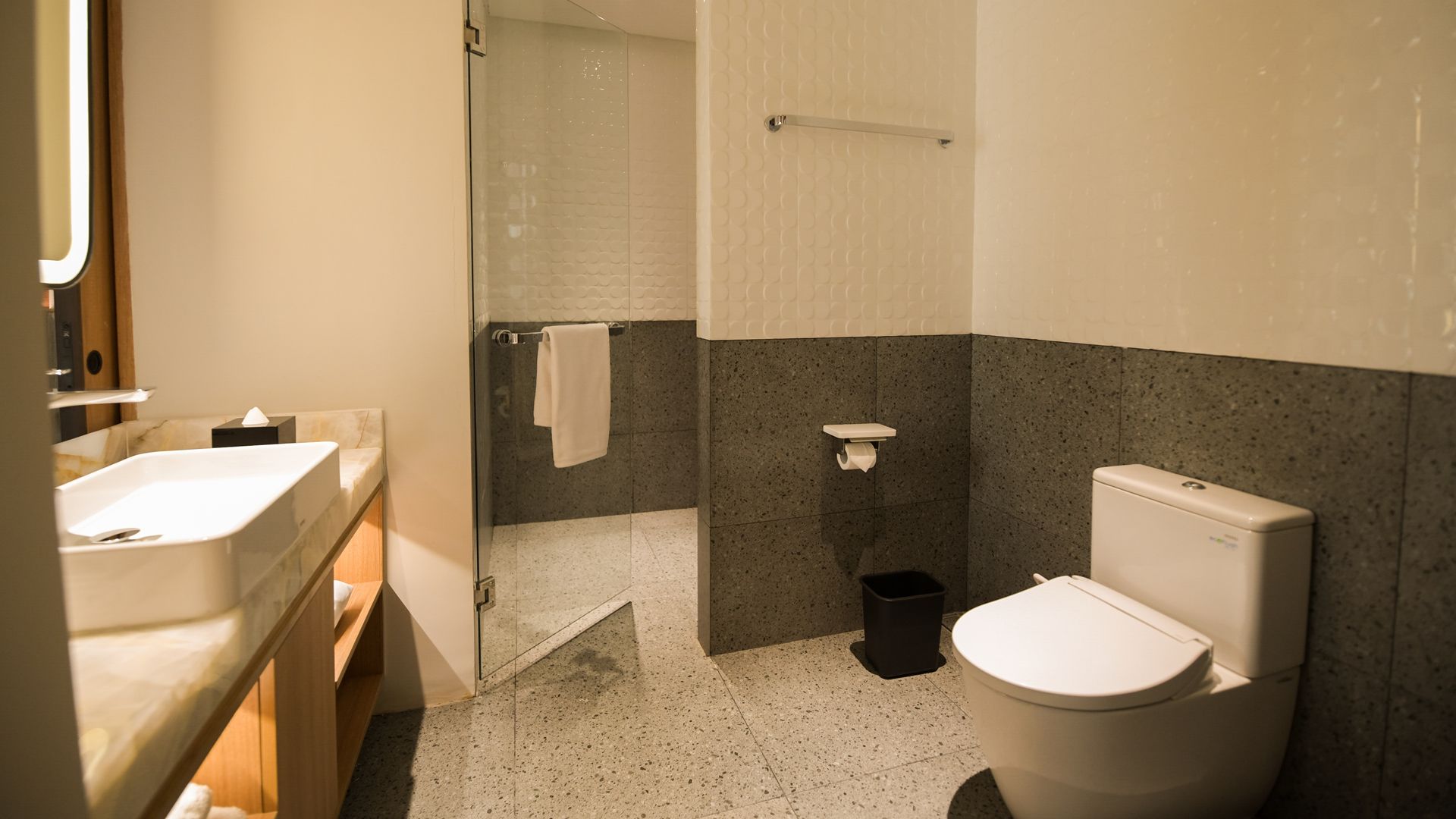 Un baño con inodoro, lavamanos y zona de ducha.