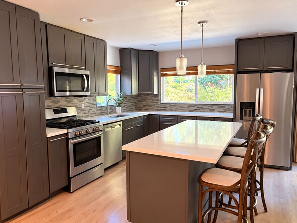 A modern kitchen with dark cabinetry, stainless steel appliances, a large island, and a view of greenery outside.