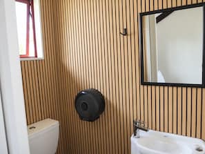 A bathroom with a toilet, a sink, a mirror, and a wall-mounted hand dryer. - 27 Cron Street (Franz Josef/Waiau)