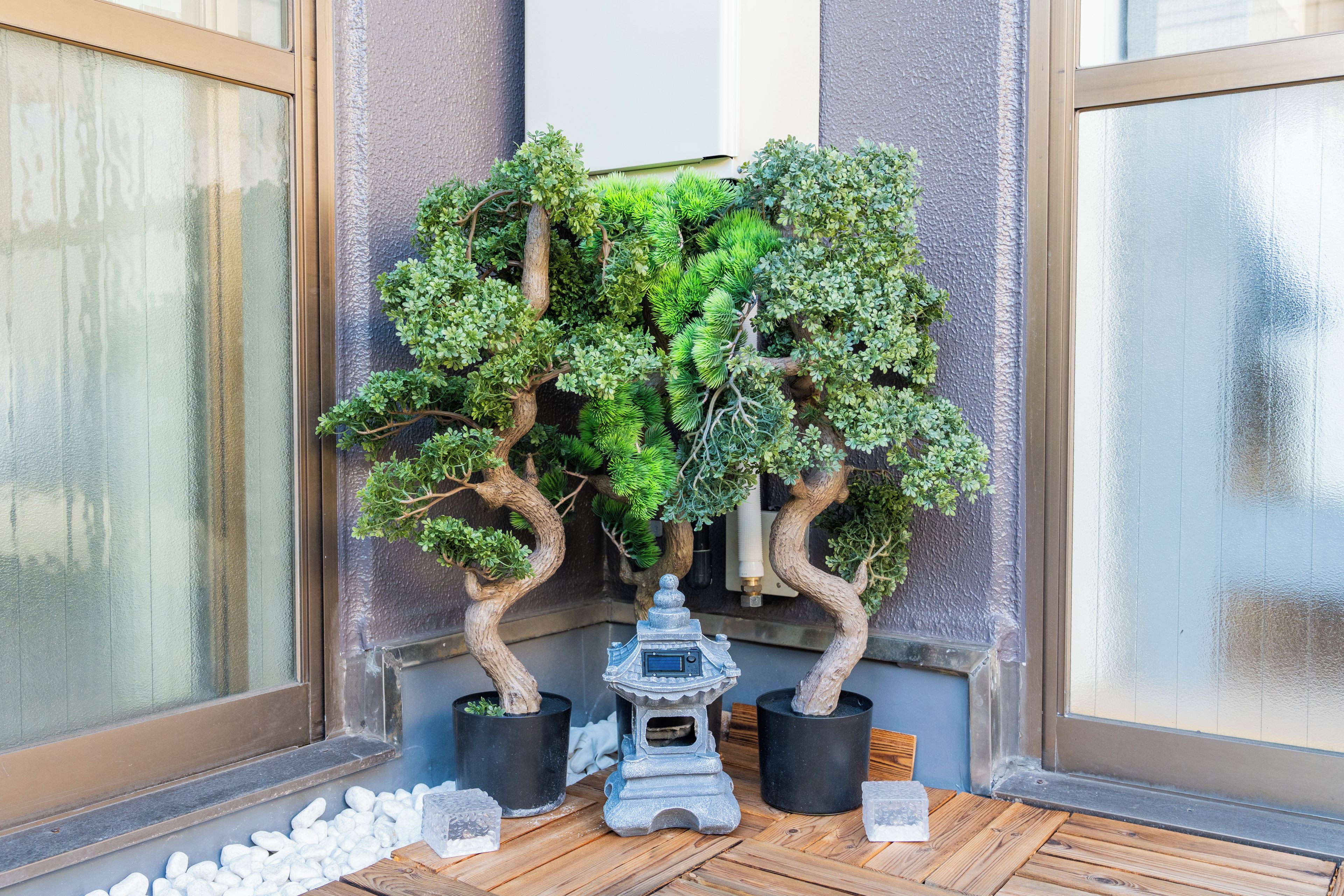 A bonsai tree with a decorative base in a corner.