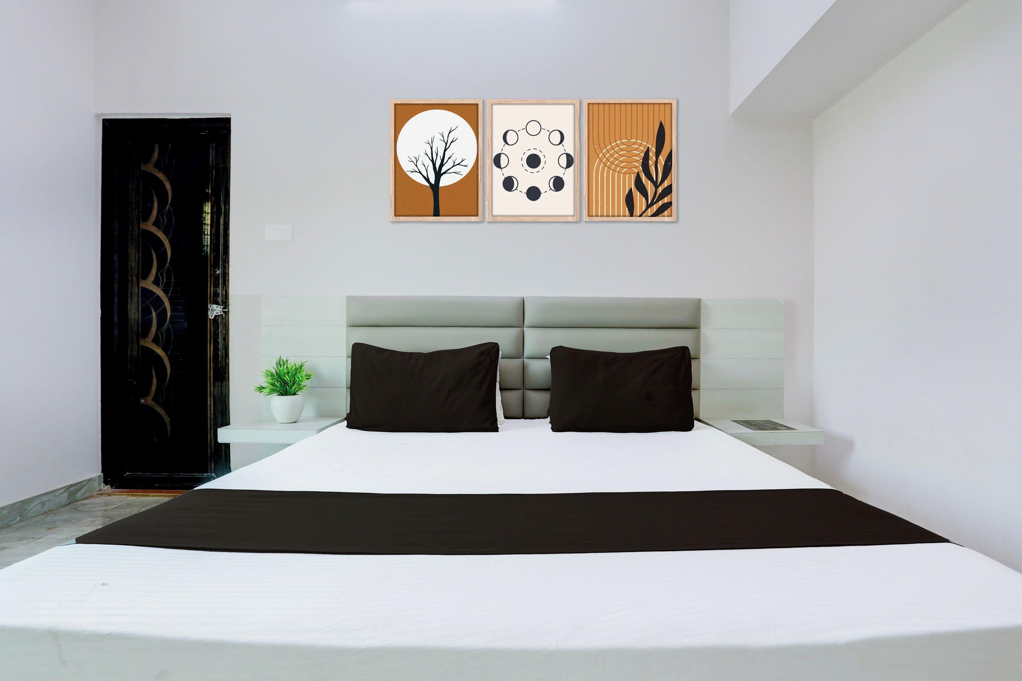 A modern bedroom with a bed, two pillows, a bedside table, a potted plant, and three wall art pieces.