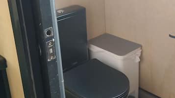 Een kleine, praktische badkamer met toilet en wastafel.