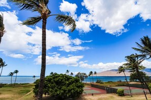 A coastal view with palm trees, a tennis court, and a clear sky. - On the beach sleeps 6 with 2 bedrooms 4 star quality resort sunsets & amenities (Kihei)