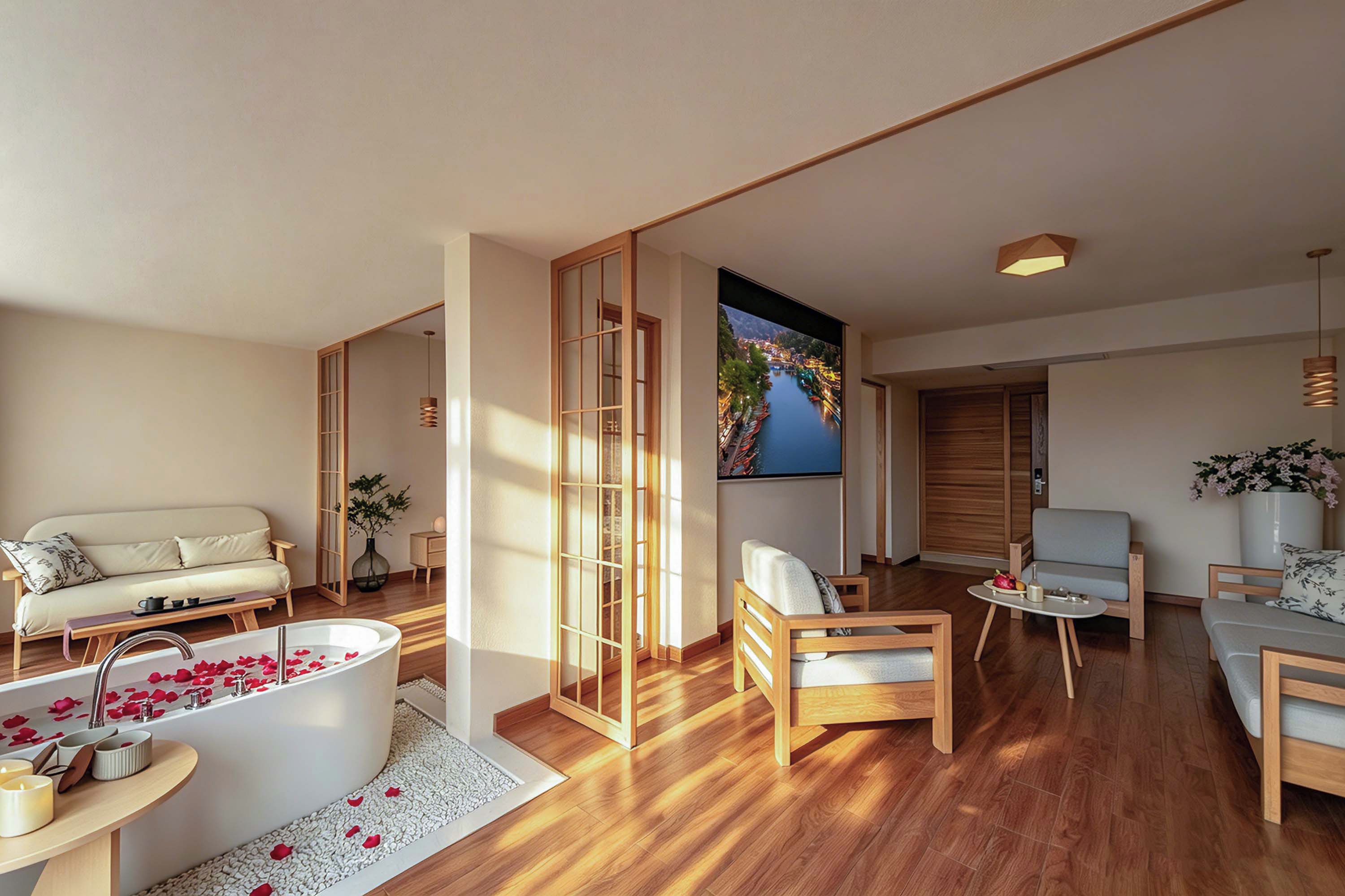 Un salon moderne comprenant un canapé, des fauteuils, une table basse et une grande fenêtre donnant sur une rivière.