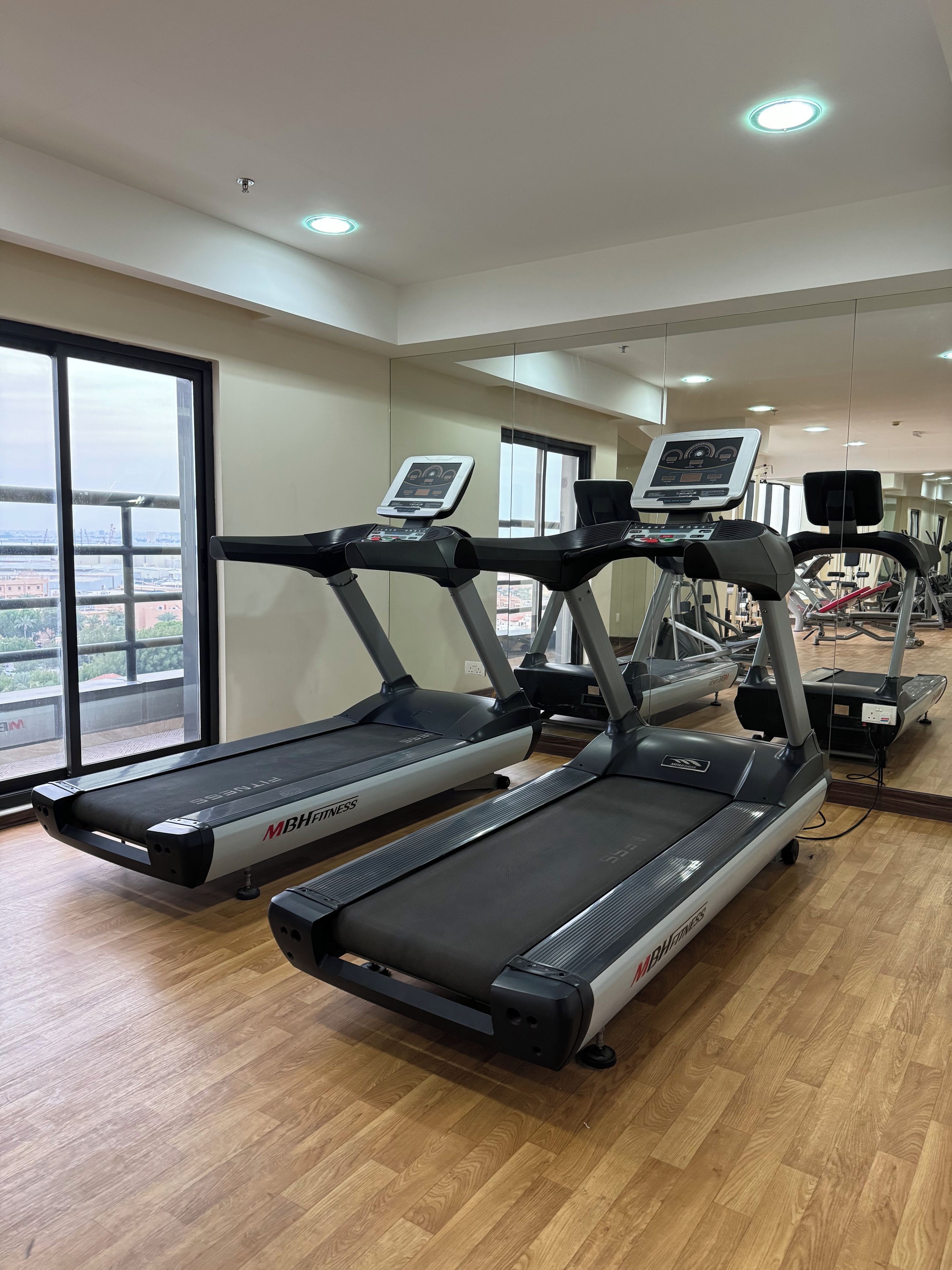 A gym with treadmills, a mirrored wall, and a view of the city through large windows.